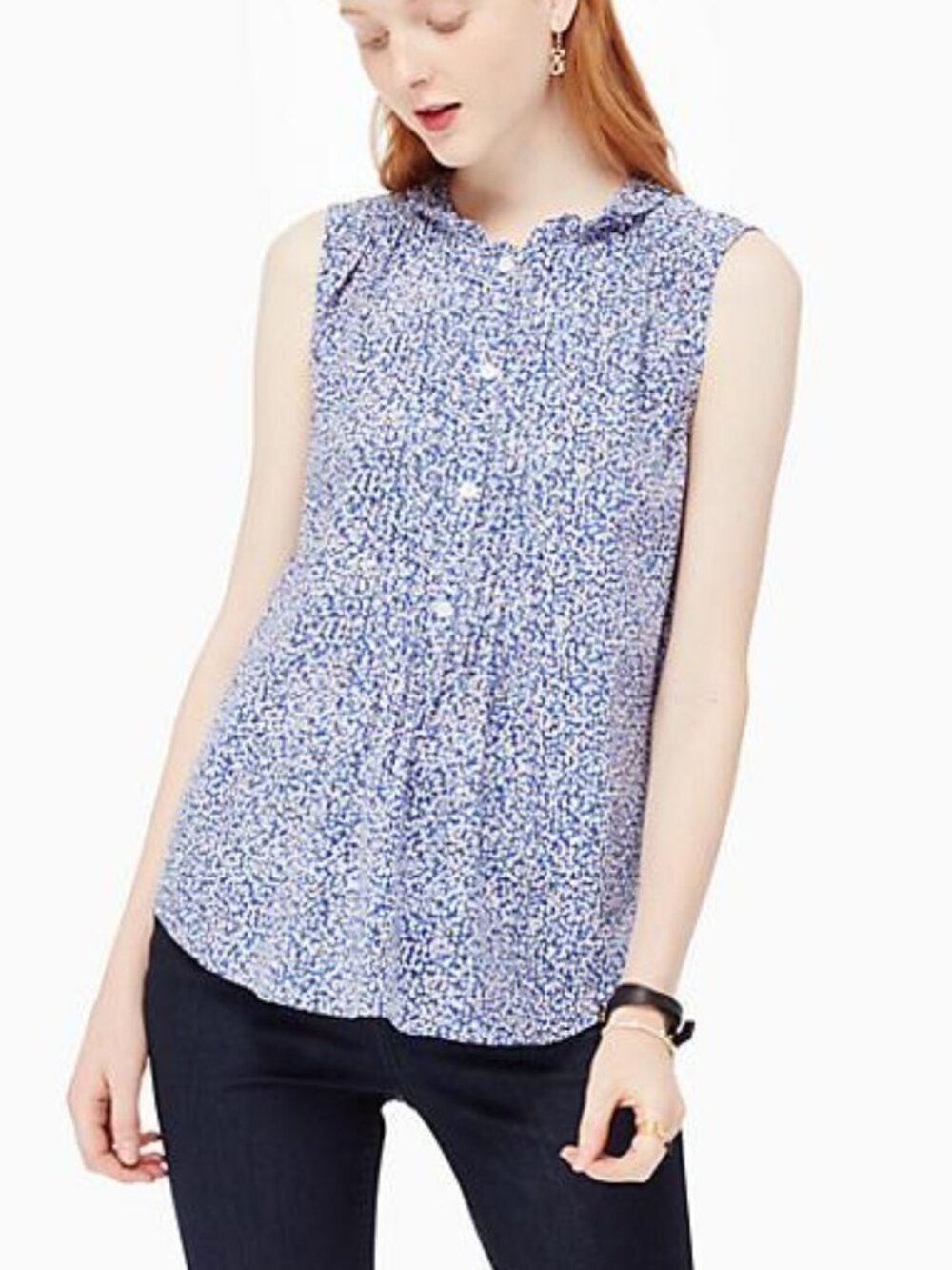 Kate Spade Ditsy Floral Petals Pleated ruffled Silk Blend blouse top blue XS